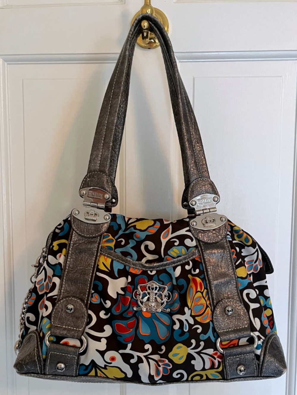 Vintage Boho Kathy Van Zeeland Floral Crown Satchel Purse Charm Bag